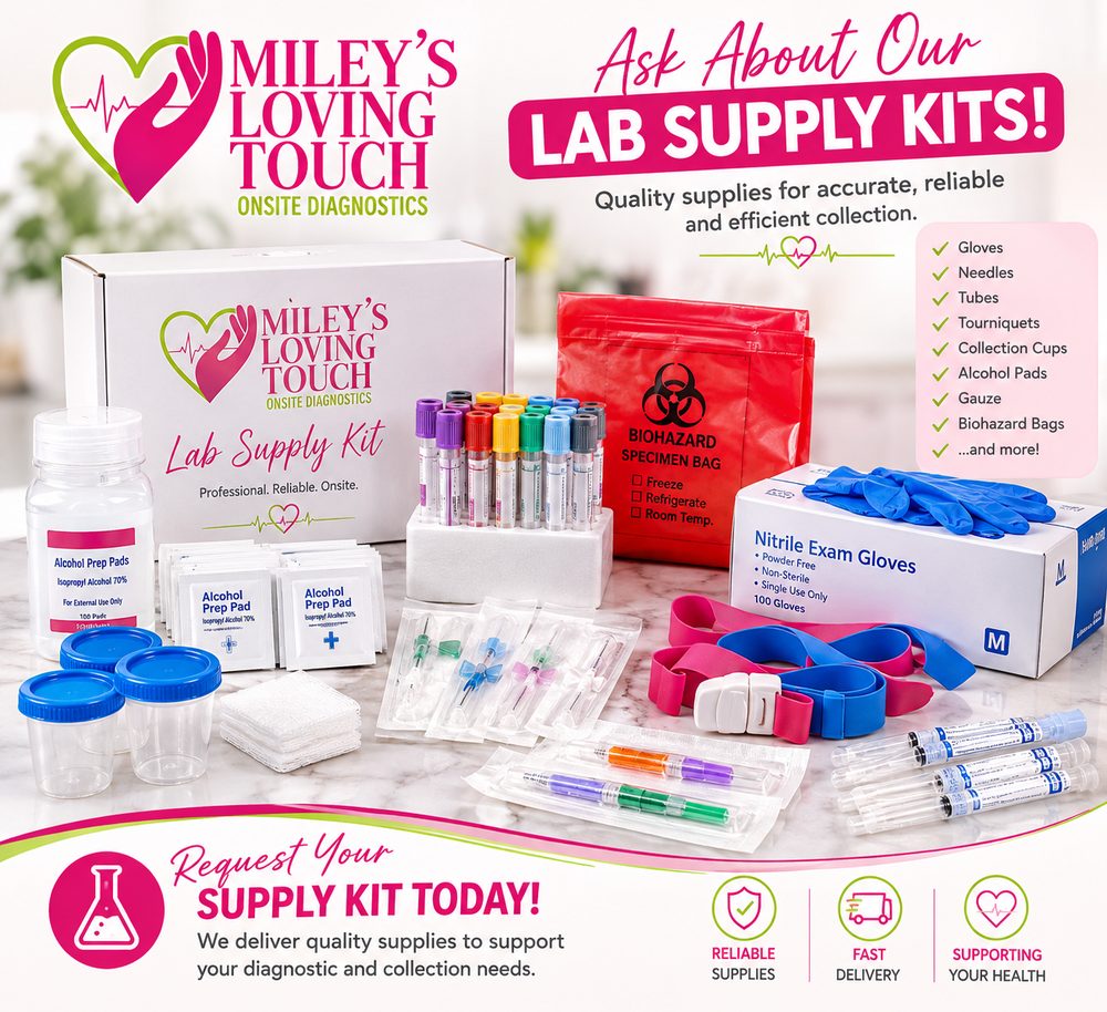 Miley's Loving Touch lab supply kit with gloves, collection tubes, needles, tourniquets, collection cups, alcohol prep pads, gauze, and biohazard bags